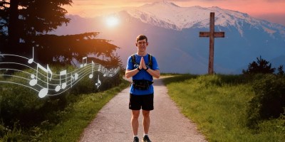 Stephan standing with thank-you hands on a path with a cross and music notes on the sides.