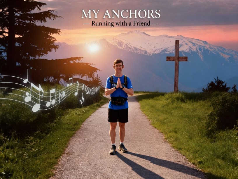 Stephan standing with thank-you hands on a path with a cross and music notes on the sides.